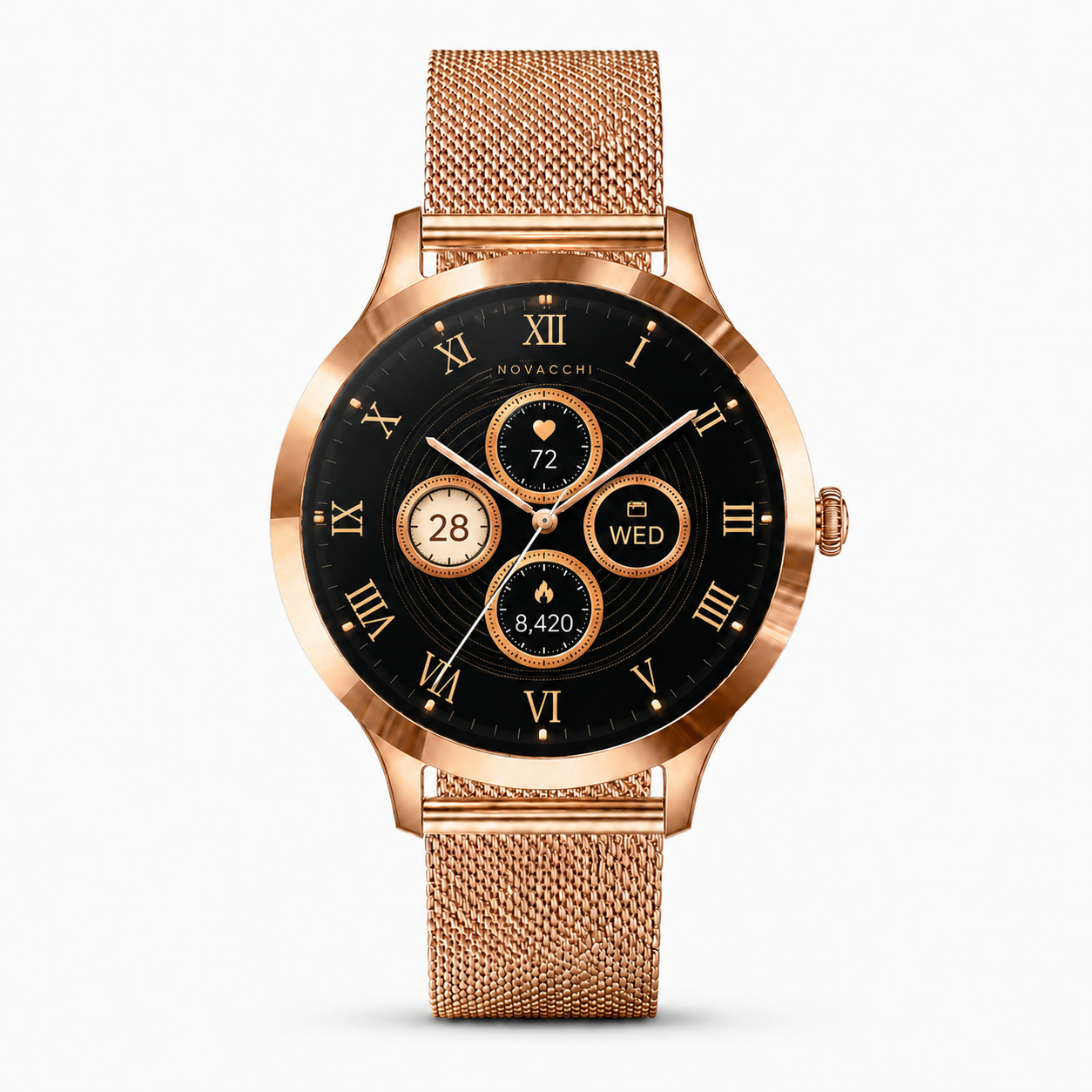NOVACCHI STELLARA Petite rose gold women's smartwatch with Milanese mesh strap and black Roman numeral smart dial