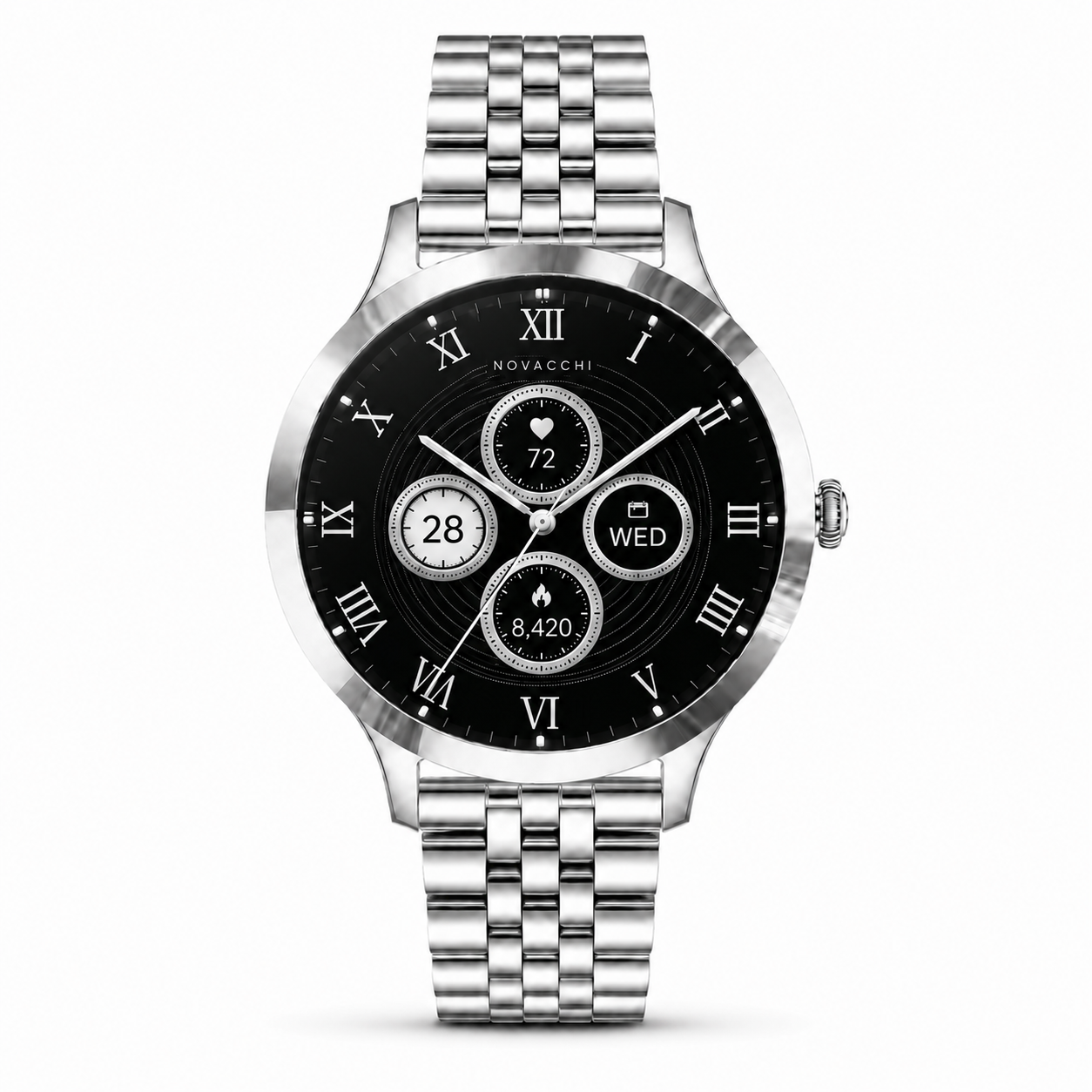 NOVACCHI STELLARA Petite silver women's smartwatch with metal bracelet and black Roman numeral smart dial