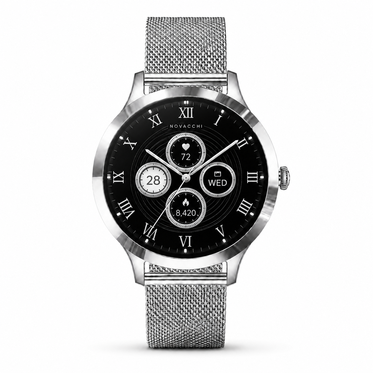 NOVACCHI STELLARA Petite silver women's smartwatch with Milanese mesh strap and black Roman numeral smart dial