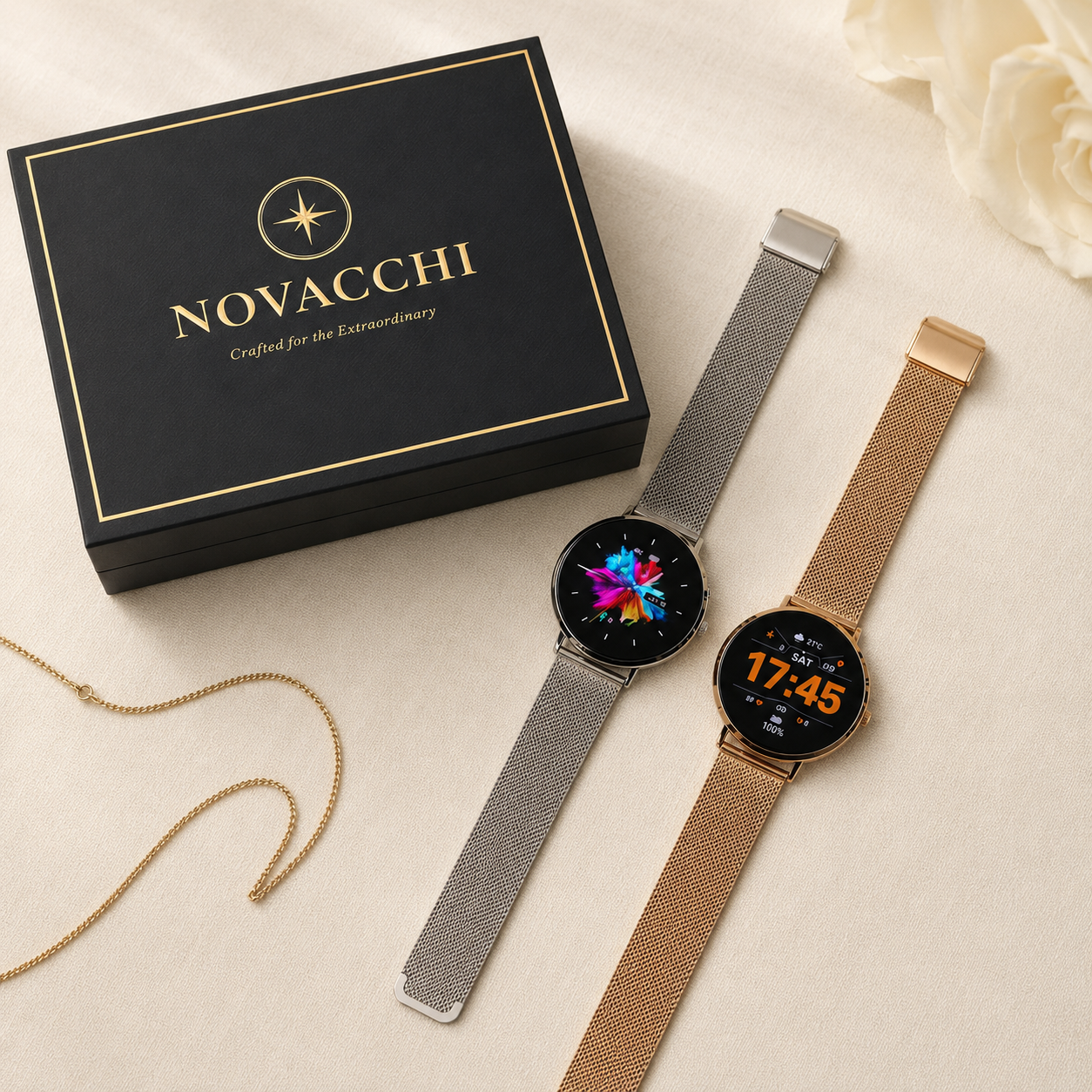 NOVACCHI matte black presentation box with gold foil beside SOLARA smartwatches in silver and rose gold