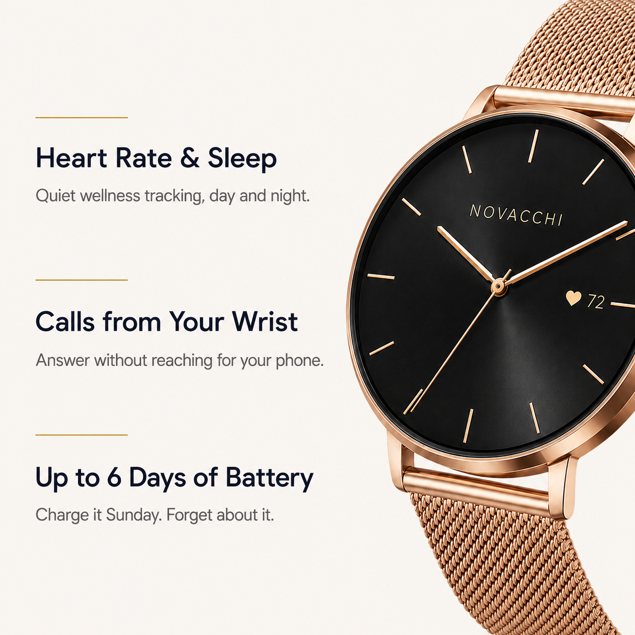NOVACCHI SOLARA rose gold women's smartwatch with feature highlights: heart rate and sleep tracking, calls from your wrist, up to 6 days of battery