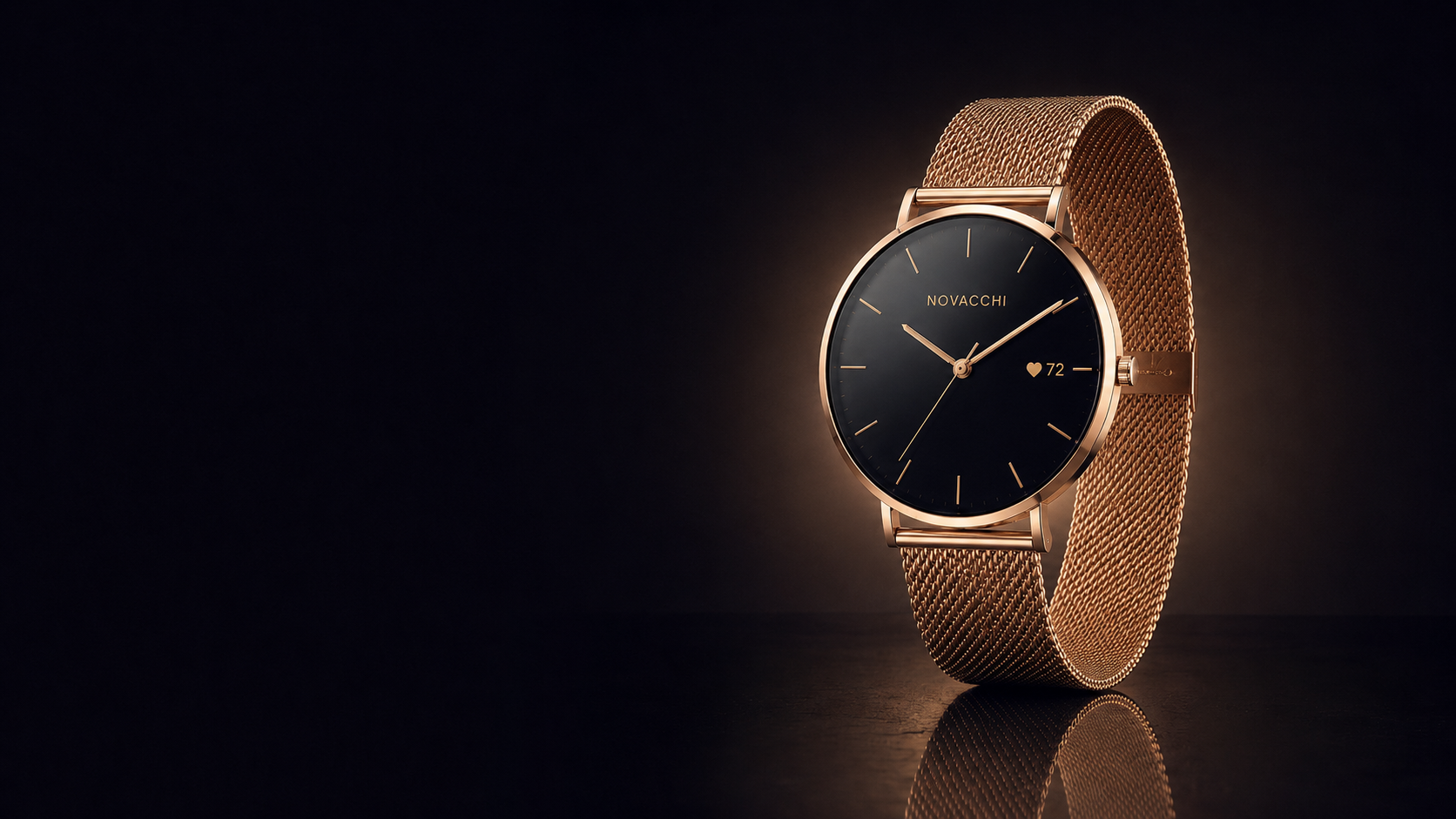 NOVACCHI SOLARA rose-gold women’s smartwatch standing upright with a black dial and circular Milanese mesh band on a dark luxury background.