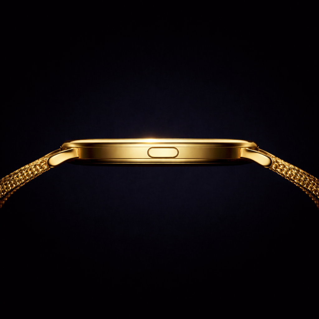 NOVACCHI SOLARA women's luxury smartwatch side profile — 6.9mm ultra-slim champagne gold case with Milanese mesh band