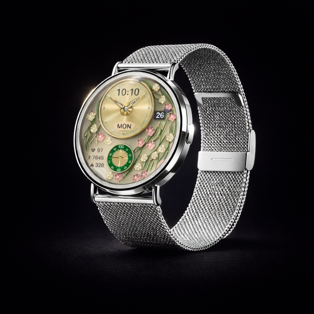 NOVACCHI SOLARA silver women's luxury smartwatch with floral AMOLED dial and silver Milanese mesh band