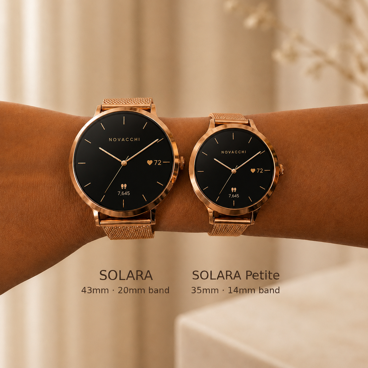 NOVACCHI SOLARA and SOLARA PETITE rose gold smartwatches side by side, comparing the 43mm SOLARA with a 20mm band and the 35mm SOLARA PETITE with a 14mm band