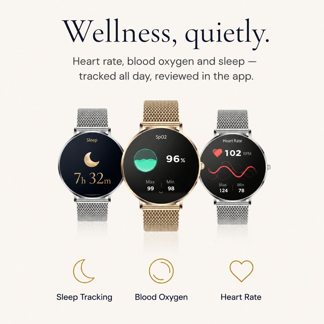 Three NOVACCHI SOLARA smartwatches in silver and rose gold showing sleep, blood oxygen and heart rate screens