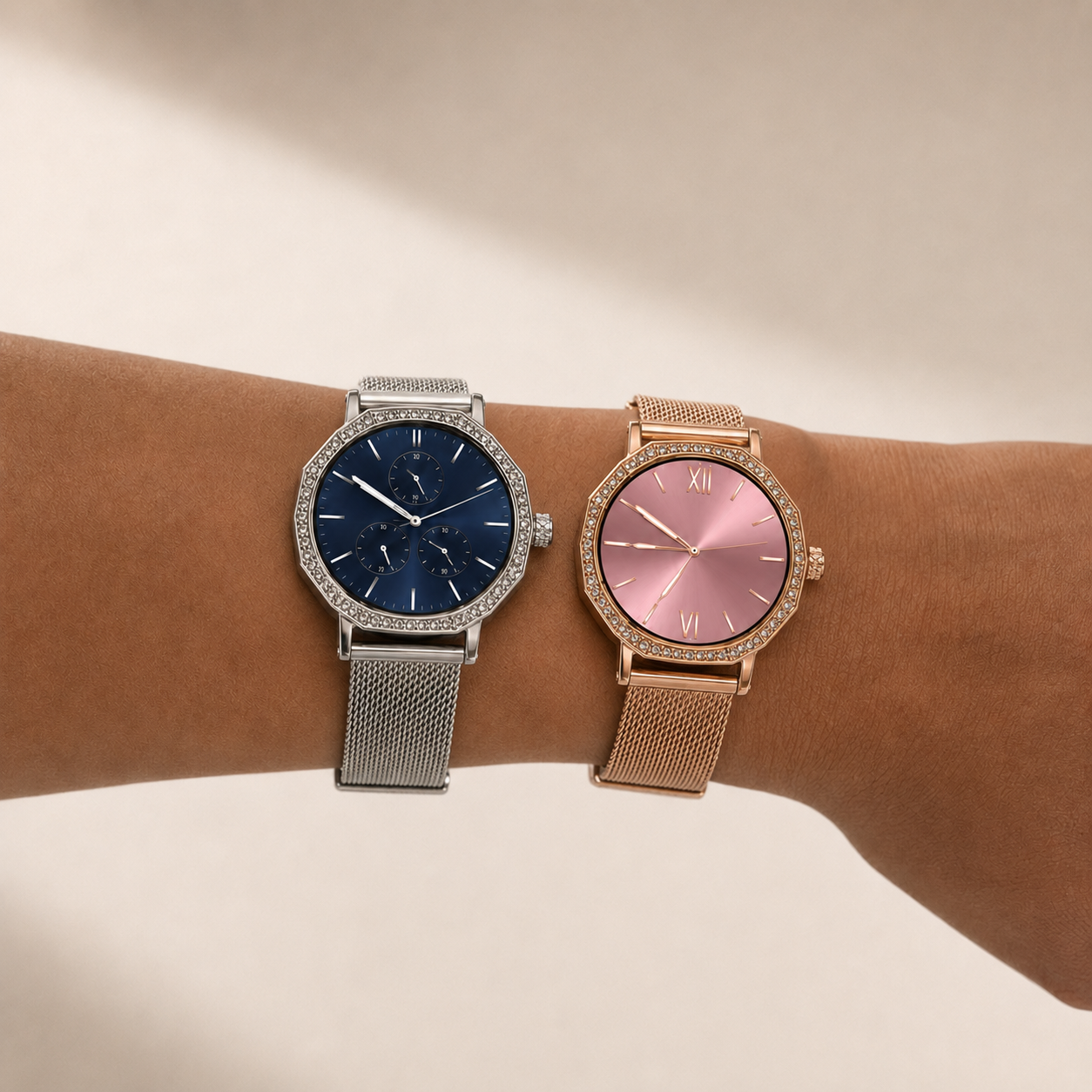 NOVACCHI STELLARA women's AI smartwatch in silver and rose gold worn side by side on the wrist