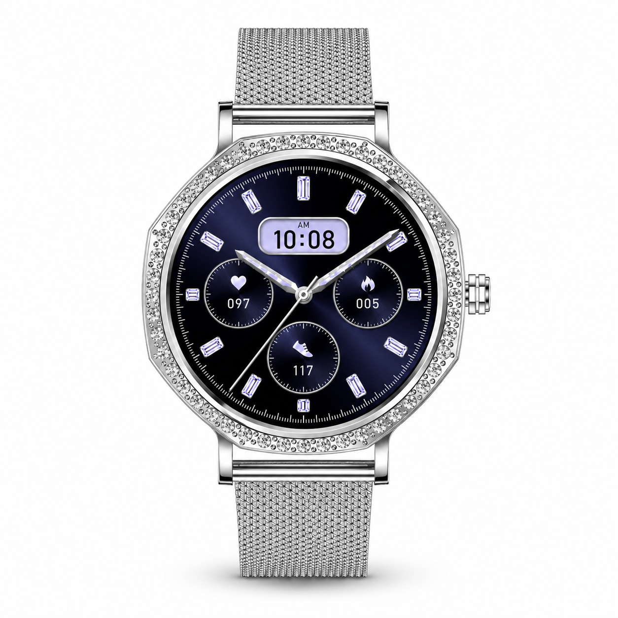 NOVACCHI STELLARA women's AI smartwatch in silver with a crystal-set bezel and Milanese mesh band